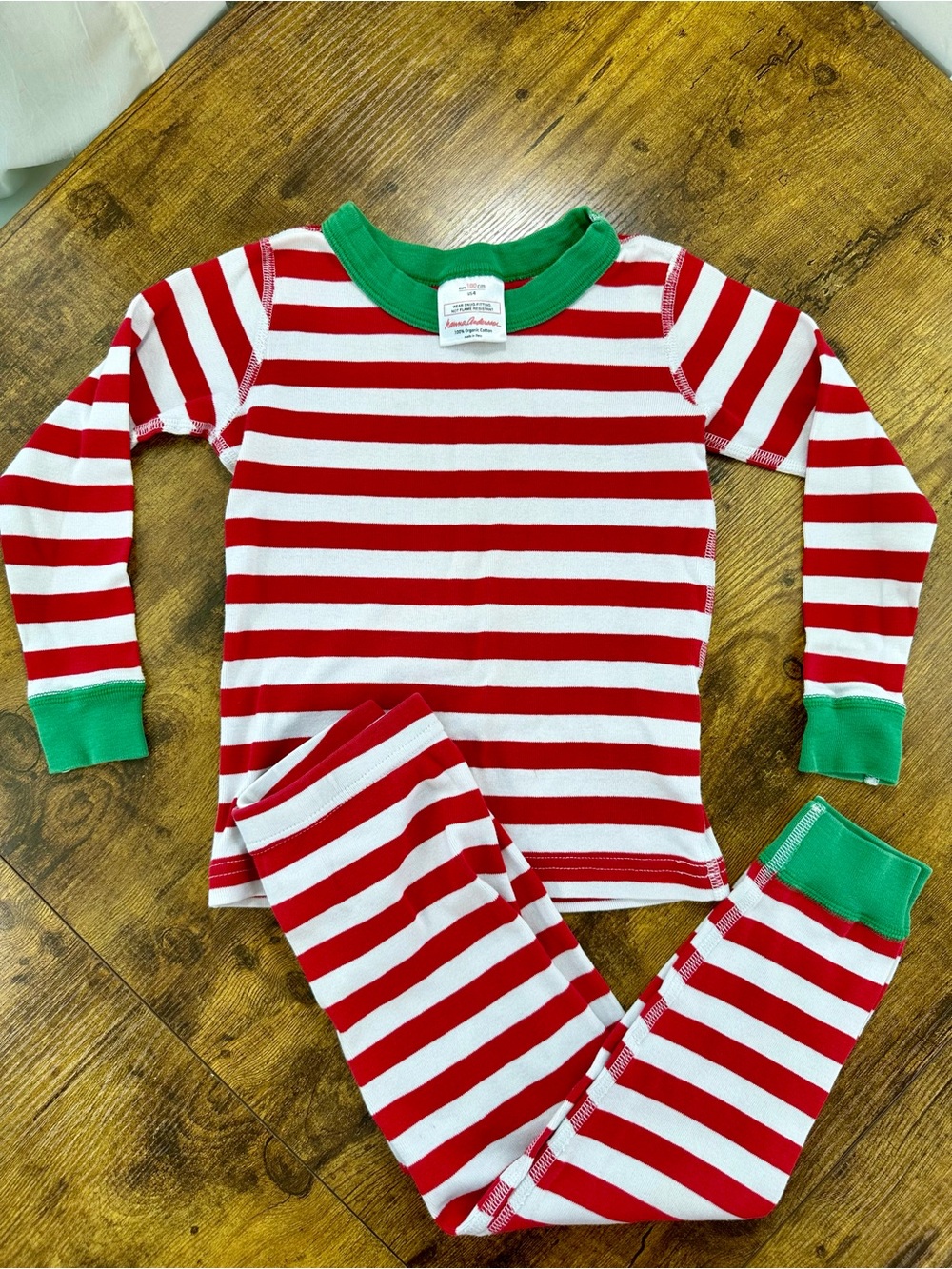 Hanna Andersson Red & White Stripe Pajama Set with Green Trim, 4T